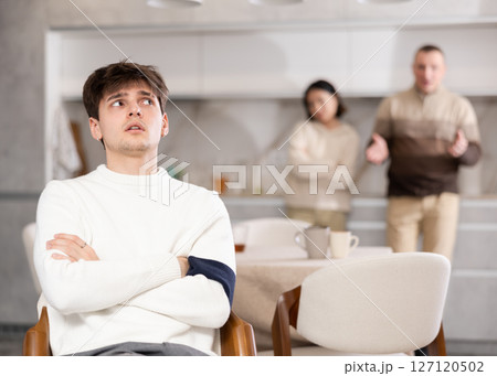 Adult man and young woman quarrel with guy 127120502