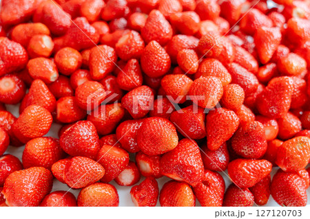 A vibrant display of fresh, juicy strawberries piled together. The bright red strawberries create a visually appealing and appetizing arrangement, showcasing their natural texture. A vibrant display of fresh, juicy strawberries piled together. The bright red strawberries create a visually appealing and appetizing arrangement, showcasing their natural texture. 127120703