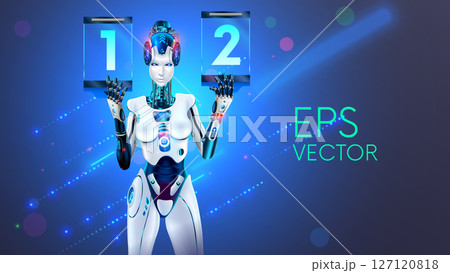 The robot girl holds the competition scoreboard in her hands. A female cyborg ring girl shows the score of an esports match. A beautiful girl with AI announces the results of the competition. The robot girl holds the competition scoreboard in her hands. A female cyborg ring girl shows the score of an esports match. A beautiful girl with AI announces the results of the competition. 127120818