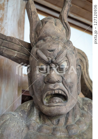 Statue of Nio guardian head at Mitaki-Dera in Hiroshima, Japan 127120936
