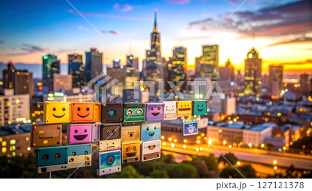 San Francisco Skyline Art with Retro Cassettes at Sunset San Francisco Skyline Art with Retro Cassettes at Sunset 127121378