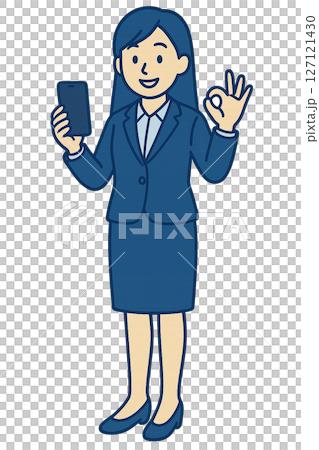 Illustration of a woman posing with a smartphone 127121430