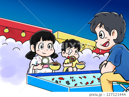 夏祭りの金魚すくい（子どもたち） 127121444