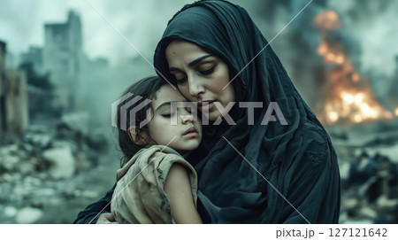 A homeless woman is on the street, her child beside her. Victims of war, the devastating impact of war on innocent lives. Generative AI. 127121642