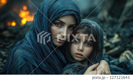 A homeless woman is on the street, her child beside her. Victims of war, the devastating impact of war on innocent lives. Generative AI. 127121643
