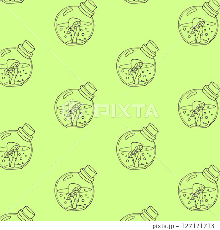 Seamless pattern of Magic mushrooms in a bottle. on a green background. Magic elixir bottle with mushroom line art concept. Illustration of the magic bottle with mushrooms inside, with cork. Seamless pattern of Magic mushrooms in a bottle. on a green background. Magic elixir bottle with mushroom line art concept. Illustration of the magic bottle with mushrooms inside, with cork. 127121713