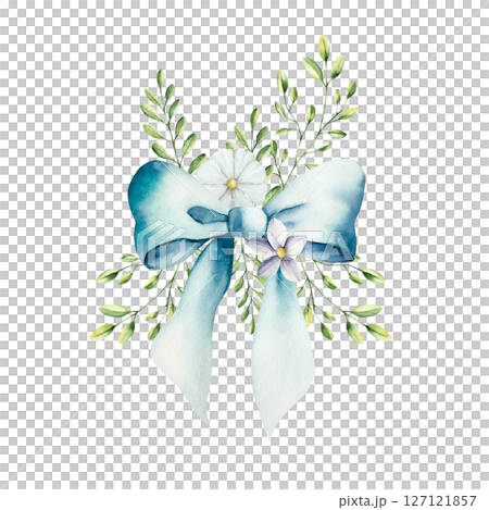 Decorative blue bow with long ribbon, spring flowers and branch with leaves. Watercolor hand drawn gerbera, chamomile, echinacea illustrations isolated on background, transparent png. Botanical and 127121857