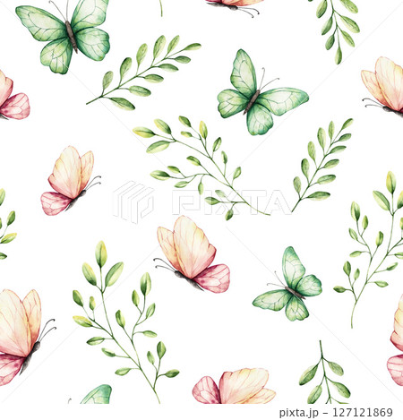Seamless pattern with beautiful colorful butterflies and spring branches with leaves. Watercolor hand drawn insect clipart isolated on background. Botanical and wedding illustration. Baby shower Seamless pattern with beautiful colorful butterflies and spring branches with leaves. Watercolor hand drawn insect clipart isolated on background. Botanical and wedding illustration. Baby shower 127121869
