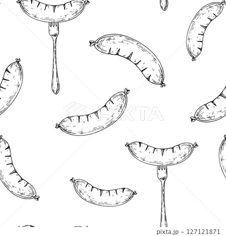 Seamless pattern with vector grilled sausage on fork. Graphic German bratwurst illustration isolated on background. Hand drawn line sketch. For designers, prints, postcards, wrapping paper, icon Seamless pattern with vector grilled sausage on fork. Graphic German bratwurst illustration isolated on background. Hand drawn line sketch. For designers, prints, postcards, wrapping paper, icon 127121871