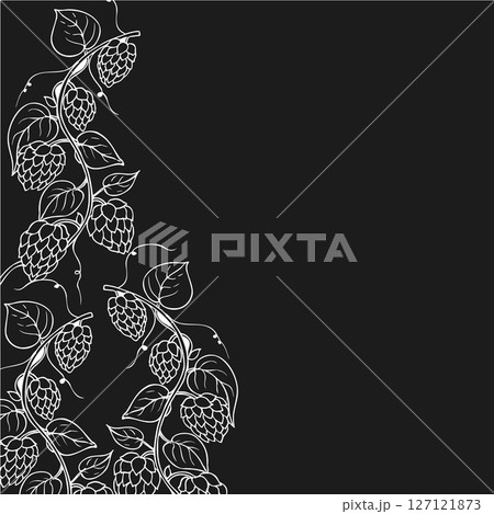 Vector common hop frame, logo, template on black background. Graphic ink, eco, organic Humulus lupulus branch with leaves and cones illustration isolated on background. Hand drawn line sketch. For 127121873