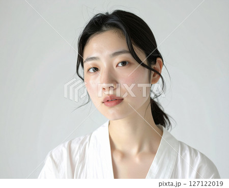 AI生成画像　白背景の若い女性の顔のアップ 127122019