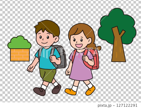 Children going to and from elementary school with their backpacks Children going to and from elementary school with their backpacks 127122291