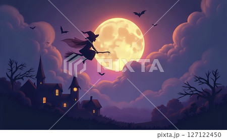 Witch Flying Over Full Moon Night 127122450