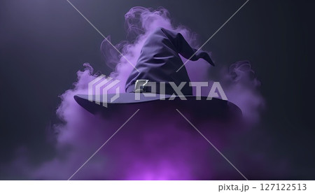 A levitating witch hat enveloped in swirling purple smoke, 127122513