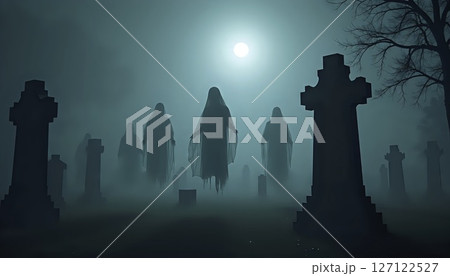 Ghostly Figures Drifting Through Moonlit Cemetery 127122527