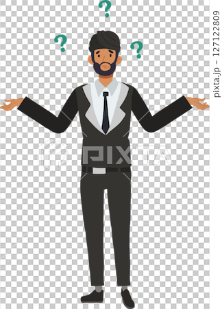 confused businessman indian man in suit with question marks. workplace stress and decision making 127122809