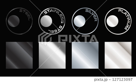 Stainless steel, silver and platinum texture gradation swatch set. Vector aluminum elegant, shiny and metalic gradient template for border design, frame, ribbon, label. Titanium, iron metal background Stainless steel, silver and platinum texture gradation swatch set. Vector aluminum elegant, shiny and metalic gradient template for border design, frame, ribbon, label. Titanium, iron metal background 127123097