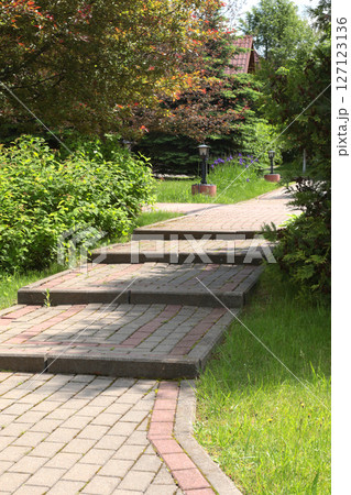 Path with steps in park made of tiles. Green trees and bushes in summer on sunny day. Background for design. Ecology and nature. Landscape design.  127123136