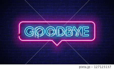 Good Bye Glowing Neon Light Sign Lettering Design on Vintage Brick Wall Background. Vector Modern Neon Signboard Illustration Template with Typography Label for Banner, Greeting Card, Post Card, Flyer 127123137