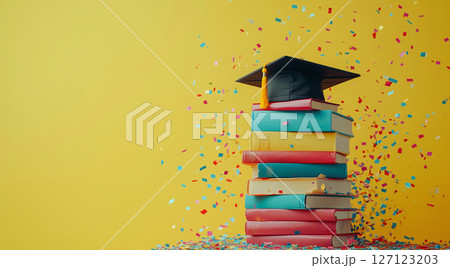 Graduation cap on colorful books with confetti, created with AI Graduation cap on colorful books with confetti, created with AI 127123203