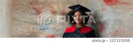 Proud graduate smiles in formal attire, created with AI 127123208
