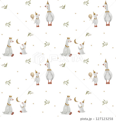 Seamless pattern geese in green leaves, branches berries. Watercolor illustration goose hand drawn in children's style on white background for the design textiles, fabrics, packaging, clothes, cards 127123258