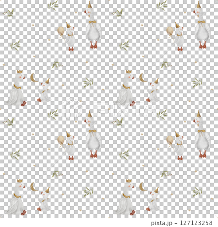 Seamless pattern geese in green leaves, branches berries. Watercolor illustration goose hand drawn in children's style on white background for the design textiles, fabrics, packaging, clothes, cards Seamless pattern geese in green leaves, branches berries. Watercolor illustration goose hand drawn in children's style on white background for the design textiles, fabrics, packaging, clothes, cards 127123258