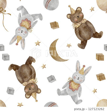 Pattern watercolor illustration animals hare bear, moon stars, balloon. Vintage toys hand drawn in children's style. Seamless print on white background for textile design, fabric, packaging clothes Pattern watercolor illustration animals hare bear, moon stars, balloon. Vintage toys hand drawn in children's style. Seamless print on white background for textile design, fabric, packaging clothes 127123262