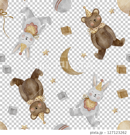 Pattern watercolor illustration animals hare bear, moon stars, balloon. Vintage toys hand drawn in children's style. Seamless print on white background for textile design, fabric, packaging clothes Pattern watercolor illustration animals hare bear, moon stars, balloon. Vintage toys hand drawn in children's style. Seamless print on white background for textile design, fabric, packaging clothes 127123262