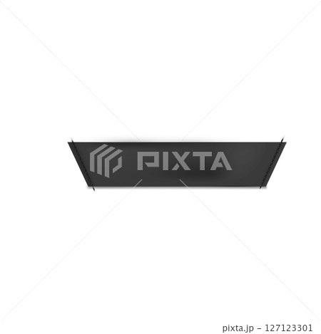 Black textile tag with decorative stitching along the edges. 127123301