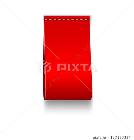 Red textile loop label sewn vertically, vector realistic cloth fabric tag with stitches, cotton or silk badge mockup Red textile loop label sewn vertically, vector realistic cloth fabric tag with stitches, cotton or silk badge mockup 127123314