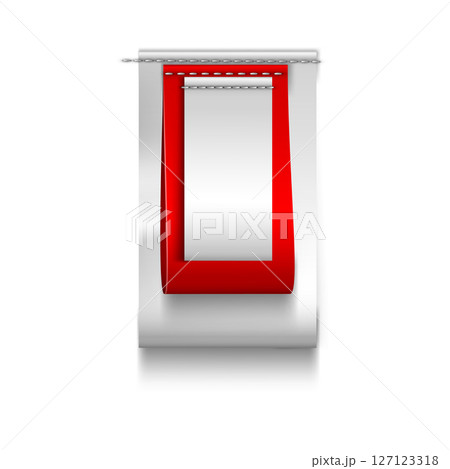 Red and white several textile loop labels sewn vertically, vector realistic cloth fabric tags cotton silk badge mockup 127123318
