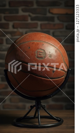 A vintage basketball with a retro logo on a metal stand against a rustic brick wall. 127123333