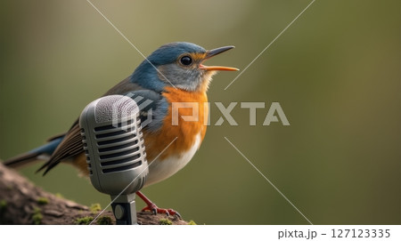 Bluethroat singing joyfully on a branch with vintage microphone 127123335