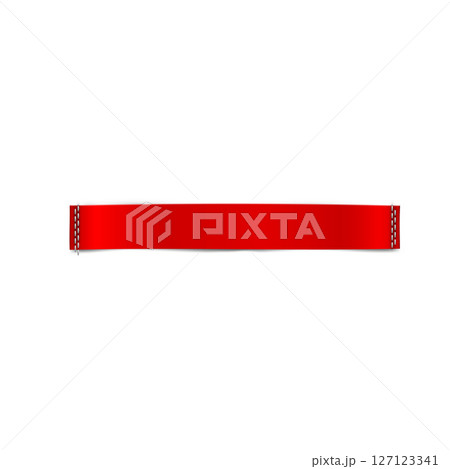 Narrow horizontal textile label in red with decorative stitching along the edges. Narrow horizontal textile label in red with decorative stitching along the edges. 127123341