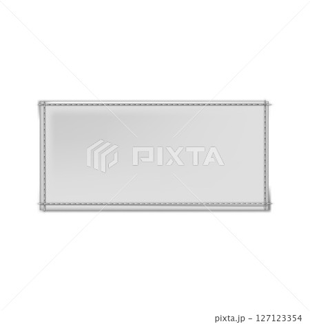 Vector realistic textile blank tag with stitched edges. Rectangular white label mockup. Vector realistic textile blank tag with stitched edges. Rectangular white label mockup. 127123354