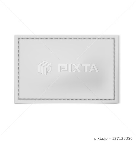 Stitched white textile label, vector realistic cloth fabric rectangle sewn on tag for textile, cotton badge mockup Stitched white textile label, vector realistic cloth fabric rectangle sewn on tag for textile, cotton badge mockup 127123356