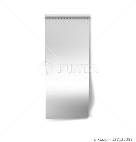 Vertical textile label with seam stitches along the top edge. Realistic blank white tag mockup. 127123358