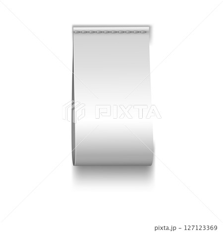 Realistic textile label with stitching along the top edge. Cotton, vertical blank tape. 127123369