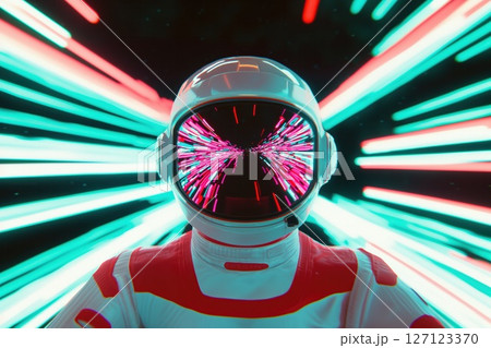 Astronaut traveling at warp speed in neon tunnel 127123370