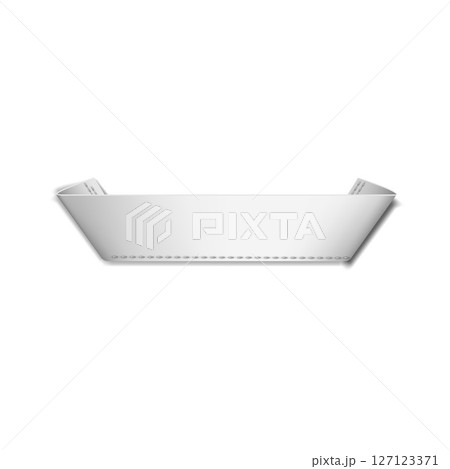 White textile label fabric tag with curled edges, vector realistic cloth label with stitches, cotton ribbon badge mockup White textile label fabric tag with curled edges, vector realistic cloth label with stitches, cotton ribbon badge mockup 127123371