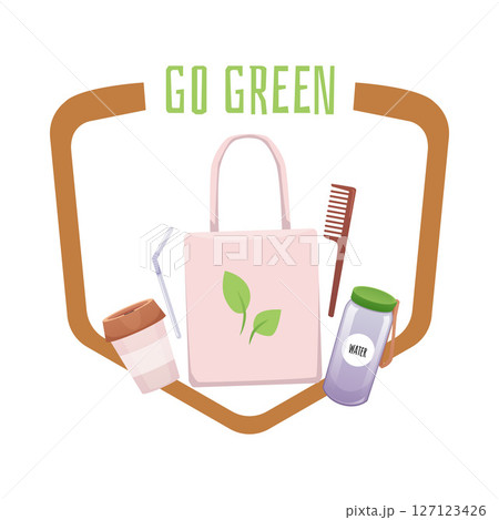 Eco logo with bag, glass bottle, comb, cup, straw and GO GREEN lettering. Eco logo with bag, glass bottle, comb, cup, straw and GO GREEN lettering. 127123426