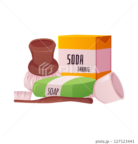 Eco-friendly hygiene supplies, baking soda, soap, brush, shaving brush, bowl. 127123441