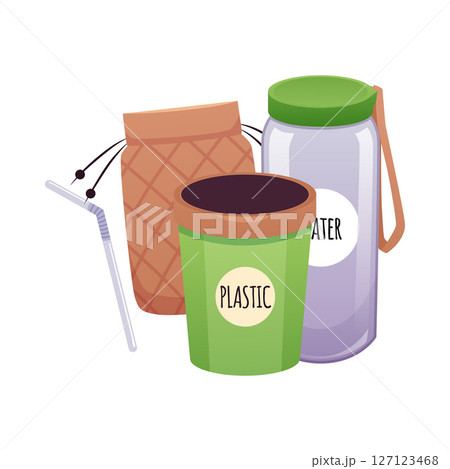Reusable eco items, green plastic cup, water bottle, straw, cloth bag. Reusable eco items, green plastic cup, water bottle, straw, cloth bag. 127123468