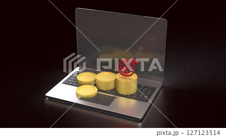The Gold coins and red target on laptop for Business concept 3d Rendering. The Gold coins and red target on laptop for Business concept 3d Rendering. 127123514