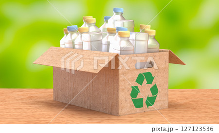 The Plastic bottle in Paper Box for eco or recycle concept 3d Rendering. The Plastic bottle in Paper Box for eco or recycle concept 3d Rendering. 127123536