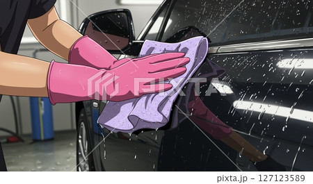最後の仕上げ!マイクロファイバーで愛車を磨く手 最後の仕上げ!マイクロファイバーで愛車を磨く手 127123589