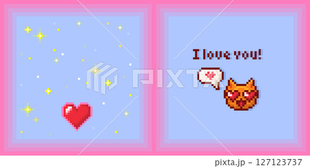 Pixel art Valentine cards with cute emoticon cat 127123737