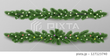 Green pine branch garland with glowing lights Green pine branch garland with glowing lights 127123740