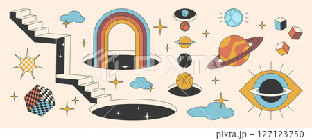 Cosmic portal elements with rainbow door arch 127123750